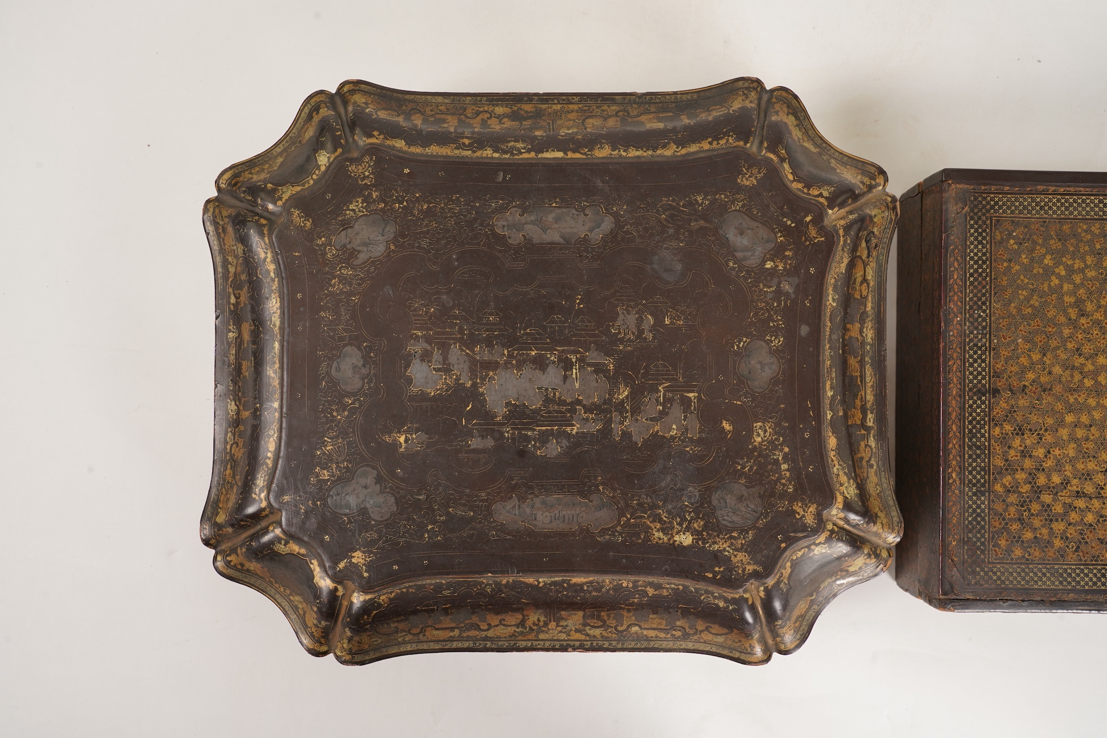 Two Chinese gilt decorated black lacquer games boxes, containing numerous mother-of-pearl counters, 19th century